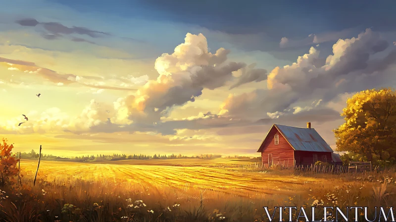 Golden hour rural field and red barn under expansive clouds