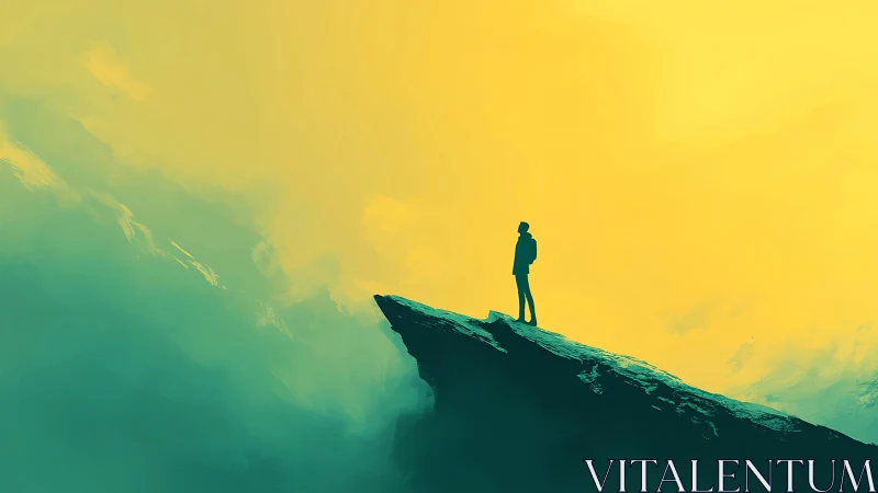 Silhouetted hiker on angular cliff under high-contrast bicolor sky