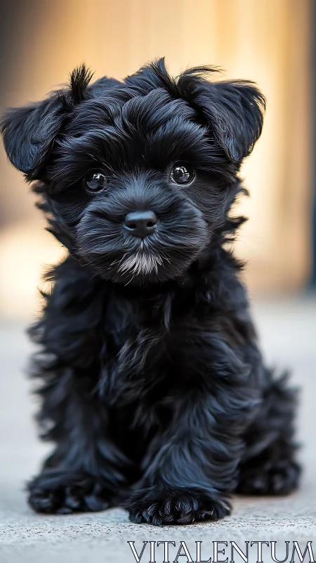 Fluffy black puppy gazes forward with bright curious eyes.