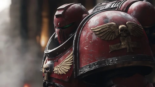 Armored red space soldier stands in dim industrial hall