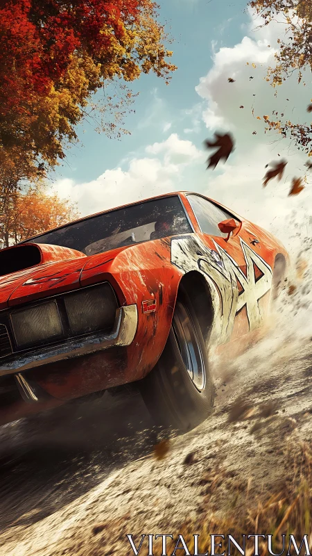 Classic muscle car powers through autumn dirt in dynamic drift