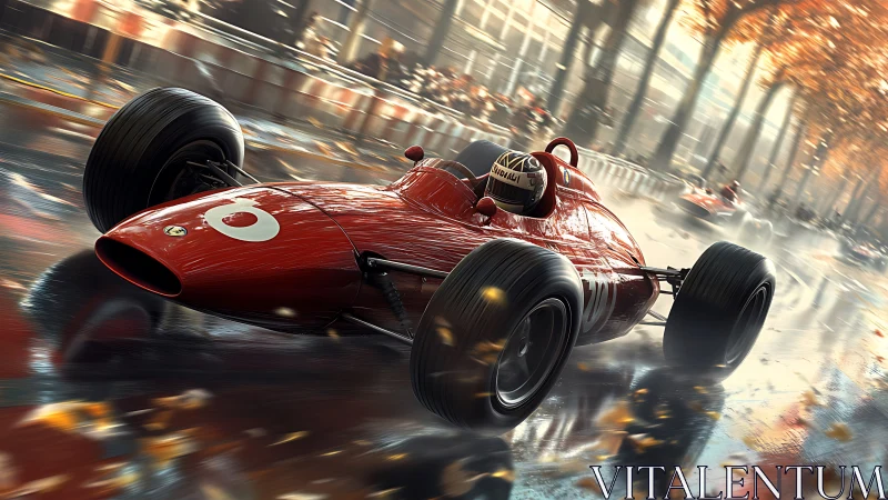Vintage red race car speeding through wet city circuit