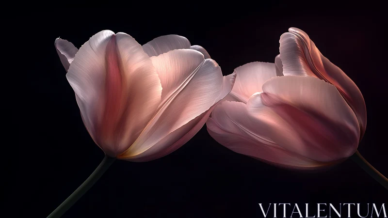 Two pink tulips against black background with textured petals