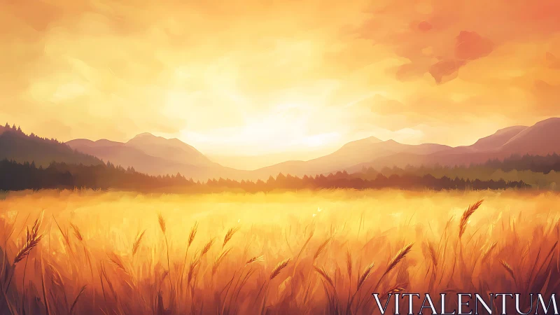 Golden wheat valley under radiant sunset glow panorama.