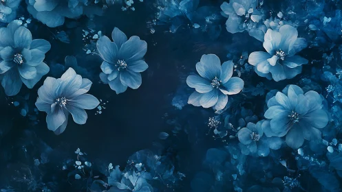 Blue floral composition with layered petals and distributed depth field.