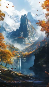Glacial spire and autumnal valley rendered in digital clarity.