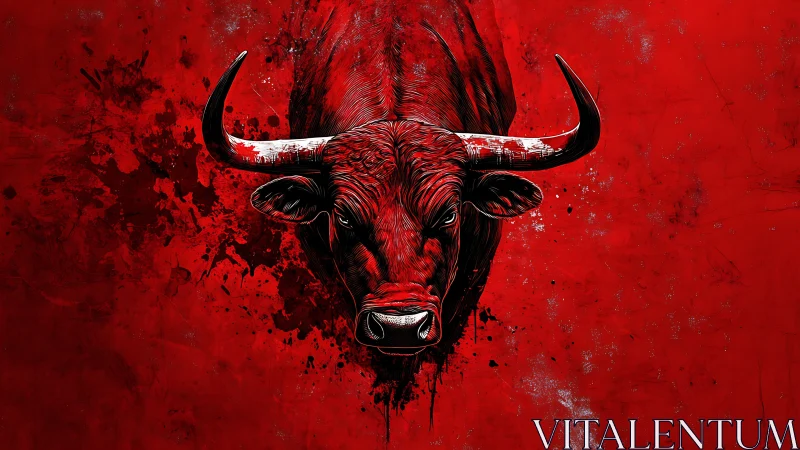Fierce crimson bull emerges from splattered abstract red void