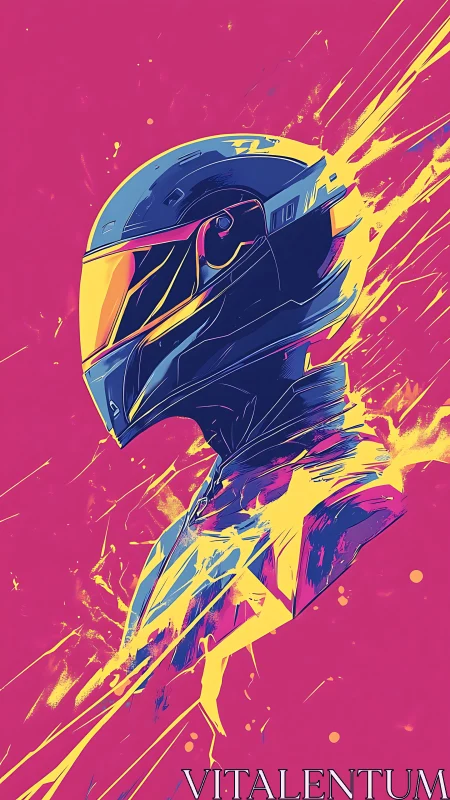 Kinetic neon racer helmet in dynamic vector fragmentation.