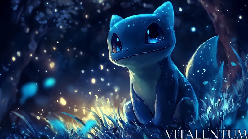 Bioluminescent blue creature glows softly in a moonlit forest.