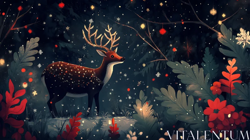 Starlit forest reindeer wandering through winter magic.