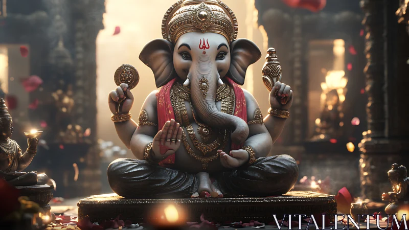Highly detailed Ganesha deity statue in warm temple lighting