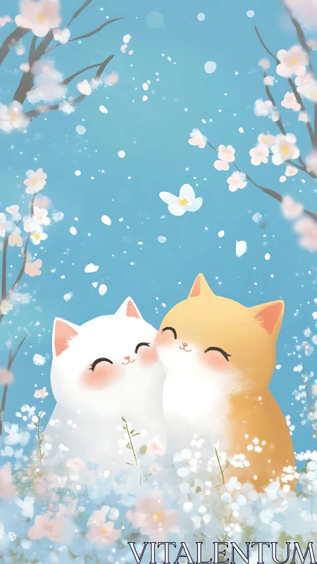 Two Stylized Cats Surrounded by Blooming Cherry Blossoms Against Turquoise Sky
