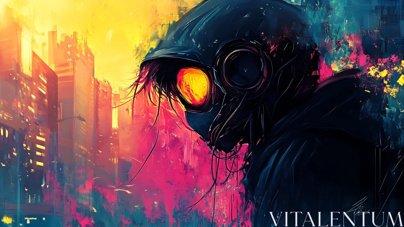 Hooded wanderer stalks neon city in blazing dusk haze.