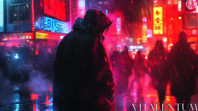 Hooded figure stands in neon city street during heavy rain