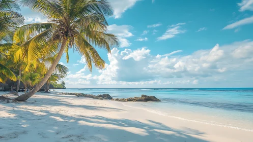 Tropical Paradise Beach with Leaning Palm Trees and Turquoise Waters