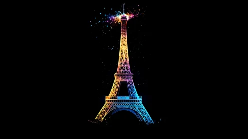 Neon Eiffel Tower silhouette with prismatic gradient illumination.