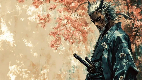 Stoic horned samurai in blue kimono under sakura bloom.