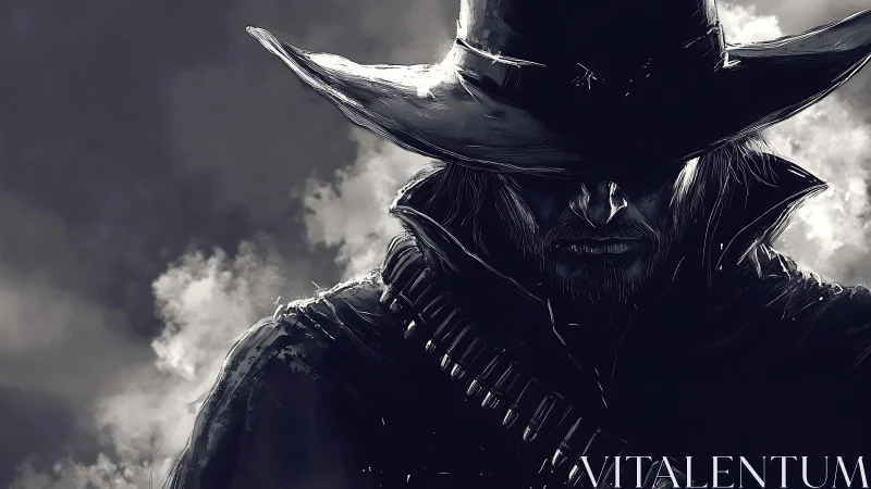 Lone gunslinger in shadowed monochrome digital portrait.