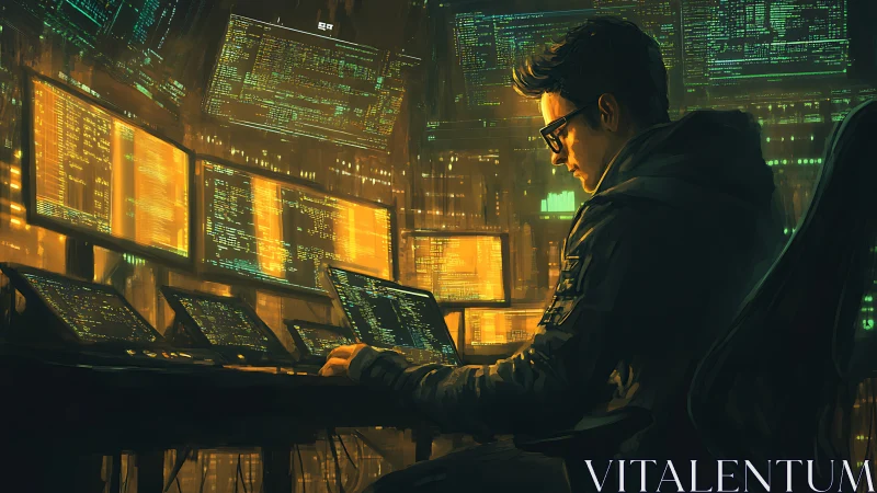 Neon code sorcerer in a glowing multi-screen command den.