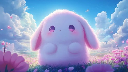 Fluffy pink bunny rests in dreamy flower-filled meadow