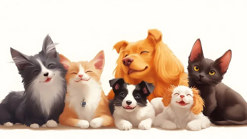 Group of Joyful Pets: Cats and Dogs Together