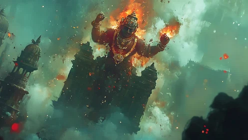 Colossal fiery deity emerging above collapsing temples.