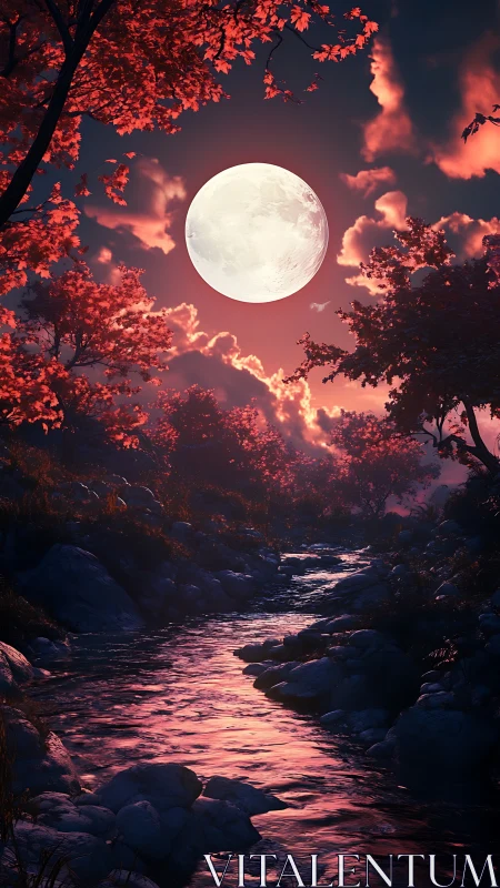 Lunar-illuminated river reflects crimson foliage and cloud halo