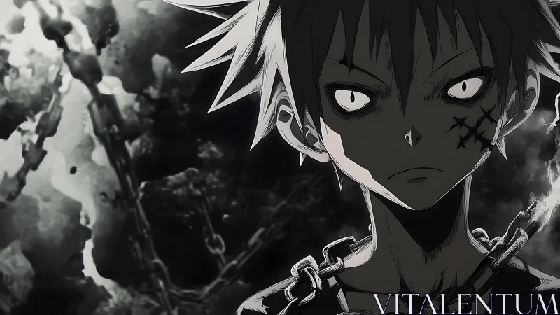 Brooding anime hero stands strong in a storm of chains.