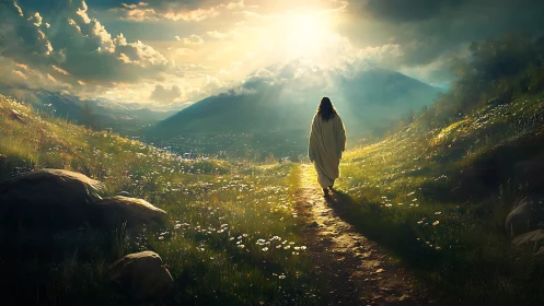 Solitary robed figure walks toward radiant mountain sunrise