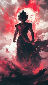 Dark anime warrior stands before blazing blood-red sun.