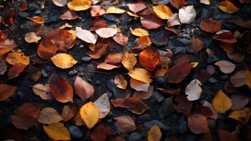 Dry autumn leaves scattered on a shaded stone path.