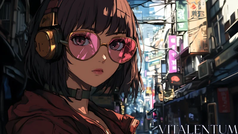 Neon district girl with gold headphones and pink lenses.