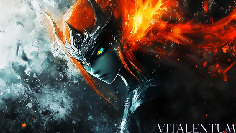 Fiery crowned figure with glowing eyes in abstract space.