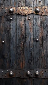 Weathered wooden door panels show rusted metal reinforcements