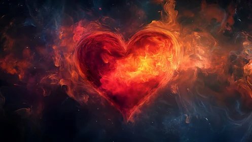 Blazing Heart Engulfed in Cosmic Flames and Nebula