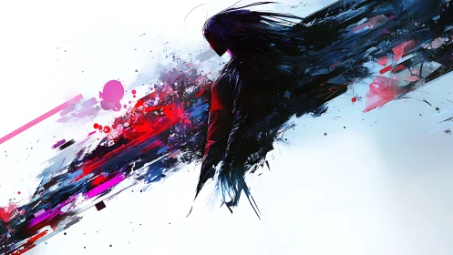 Abstract cyber warrior dissolving into neon paint trails.