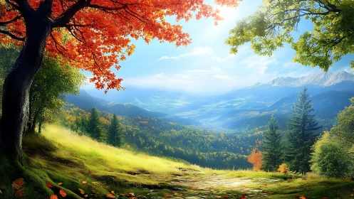 Sunlit autumn overlook above a storybook mountain valley.