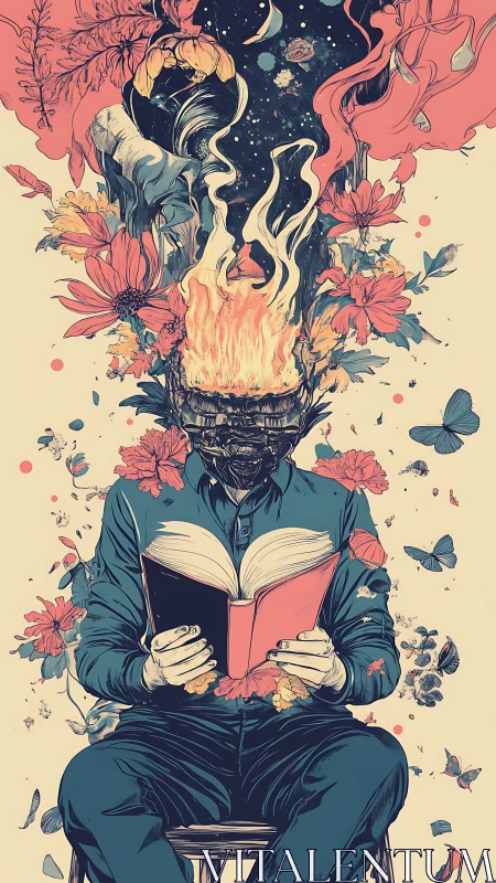 Figure reading book with flaming head and floral burst.
