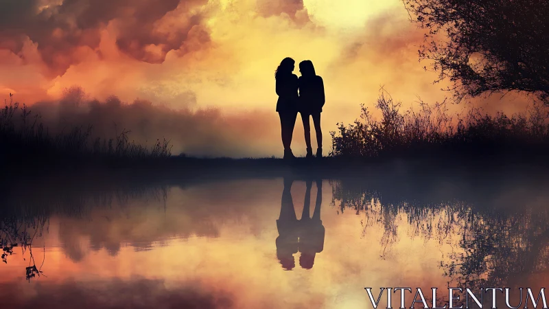 Silhouetted figures at water's edge during sunset.