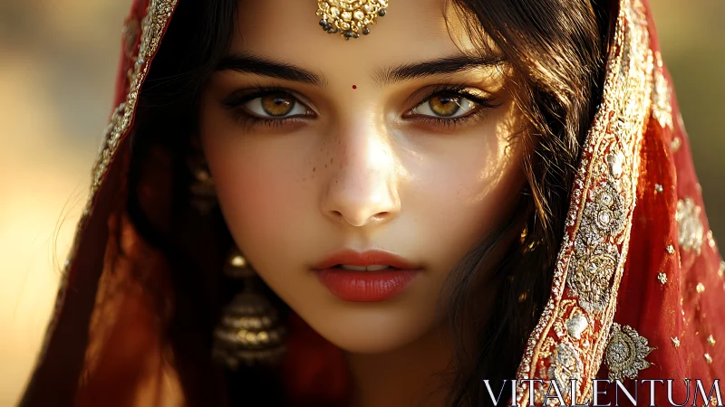 Photorealistic bridal portrait with jeweled textile detailing.