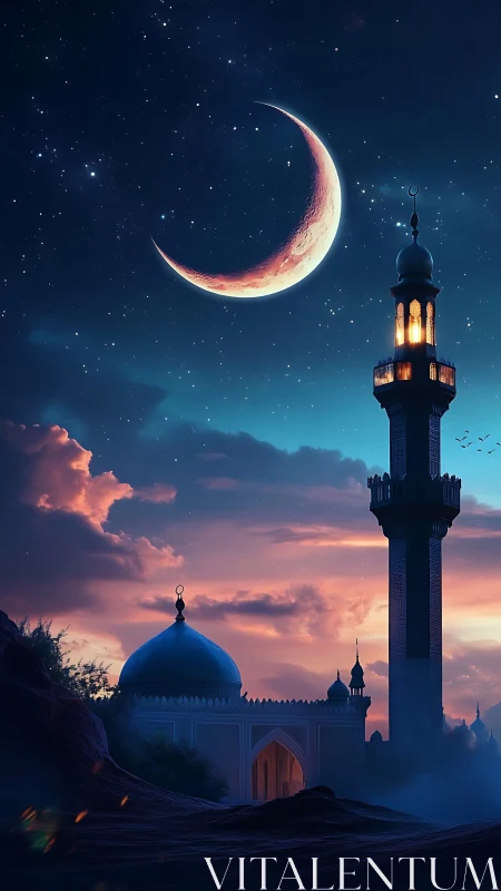 Crescent moon aligns above illuminated mosque minaret at dusk