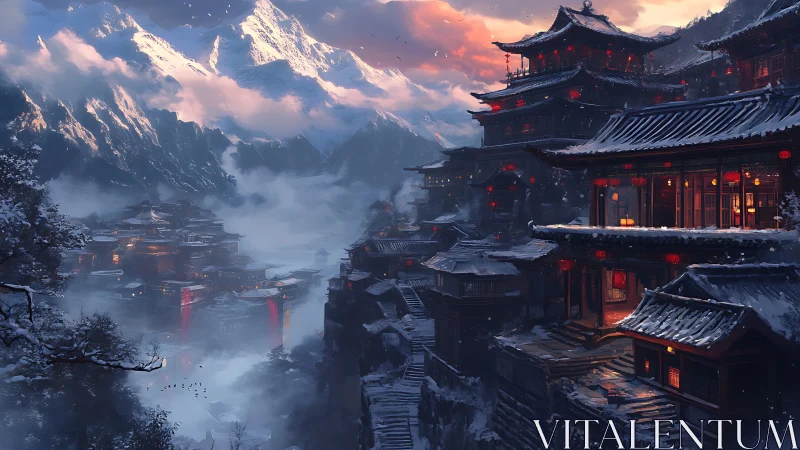 Mountain settlement with tiered temples in winter dusk.