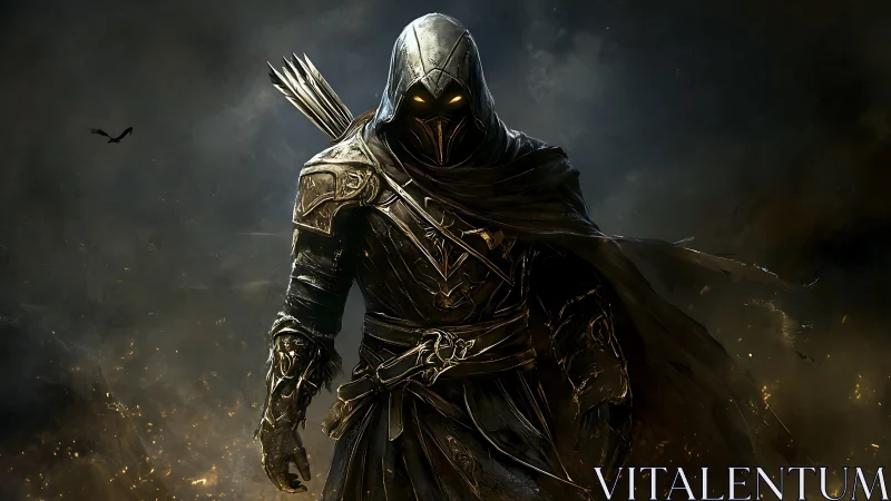 Mysterious hooded ranger strides through swirling embers.