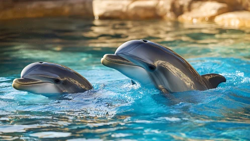 Bottlenose dolphins swimming in bright turquoise pool water.