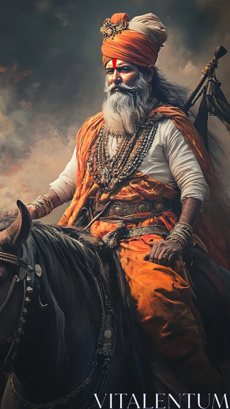 Regal warrior sage astride dusk-lit steed in saffron glory.