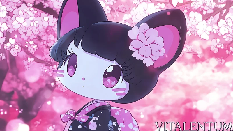 Cat-eared character in kimono amid cherry blossoms.
