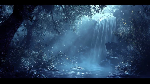 Moonlit forest waterfall casts ethereal light over pool
