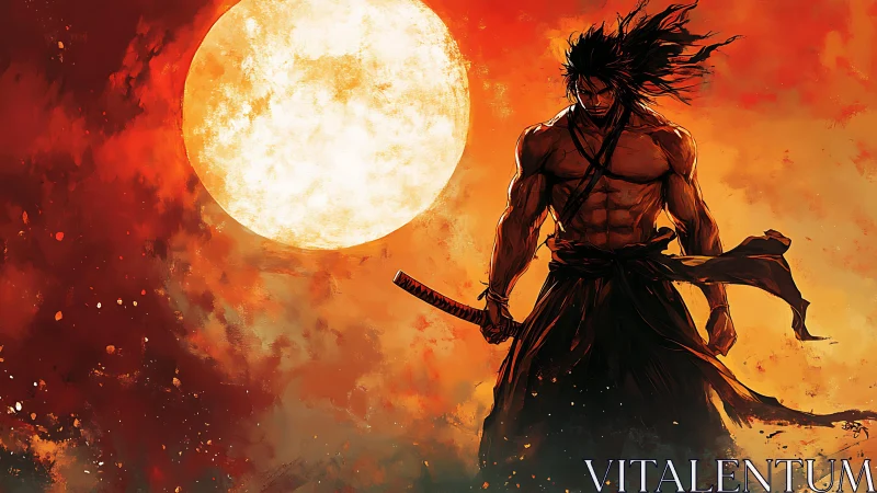 Digital painting of lone samurai under blazing full moon at dusk.
