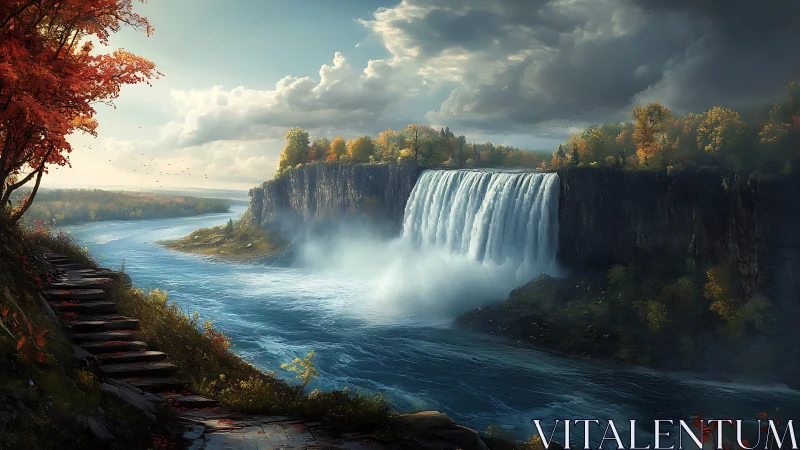 Wide cascade waterfall intersects autumn plateau under dramatic clouds