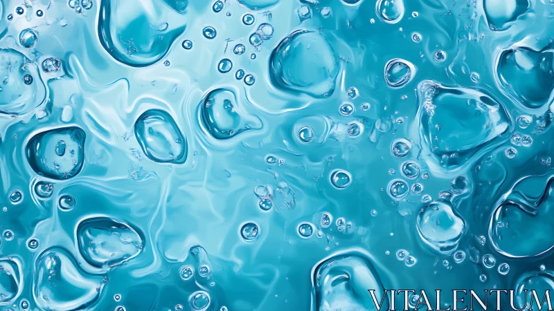Transparent blue liquid surface with bubbles and ripples.